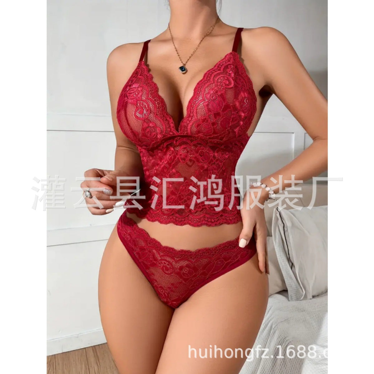 2024 European and American sexy women's erotic lingerie lace hollow adjustable suspenders two-piece pajamas