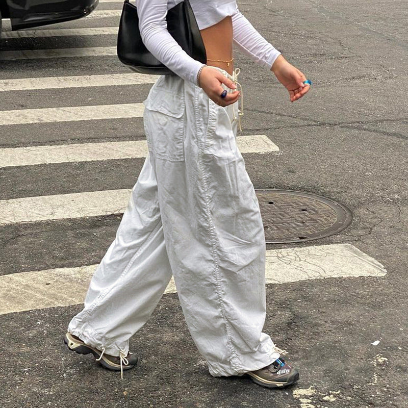 AliExpress cross-border foreign trade ins European and American sports style elastic waist belt pocket pleated loose casual wide-leg pants