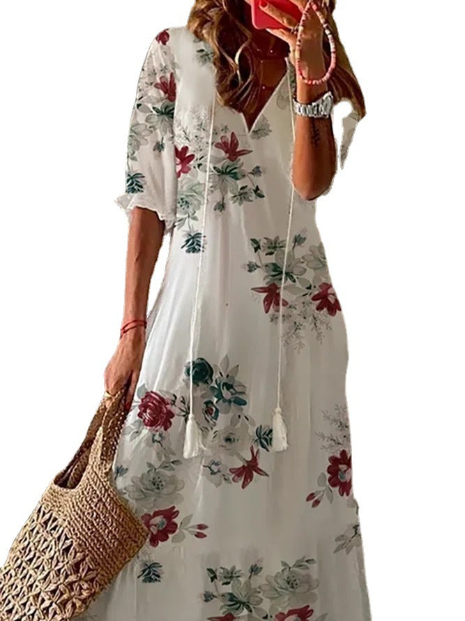 2022 Amazon Independent Station European and American Cross-border Women's Casual Floral V-neck Short-sleeved Woven Printed Dress