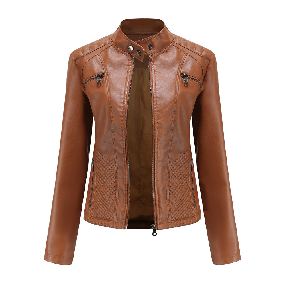 2023 new women's casual leather jacket stand collar jacket European and American slim coat women spring and autumn solid color women's leather jacket