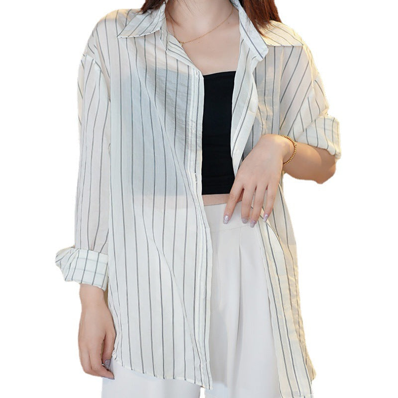 2023 Korean version of the design sense striped hollow shirt style suit drape fashion temperament light luxury sun protection clothing women's outerwear