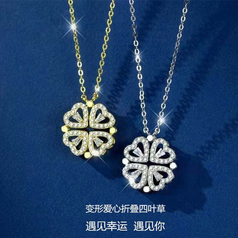 A two-wear deformed love four-leaf clover necklace female opening and closing fashion heart-to-heart folding creative clavicle chain