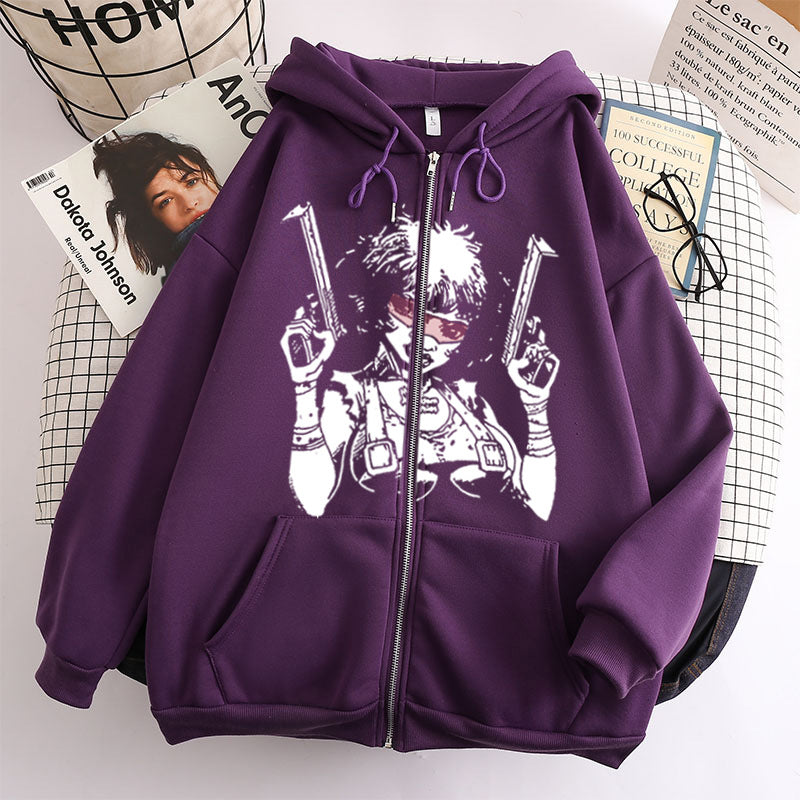 2022 new zipper sweater trendy big picture girl with a gun hooded sweater European and American jacket tops