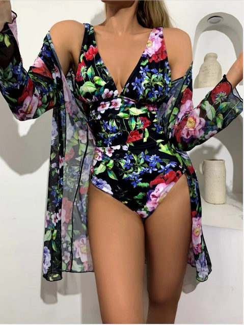 2022 European and American foreign orders new plant print pleated three-piece swimsuit bikini spot