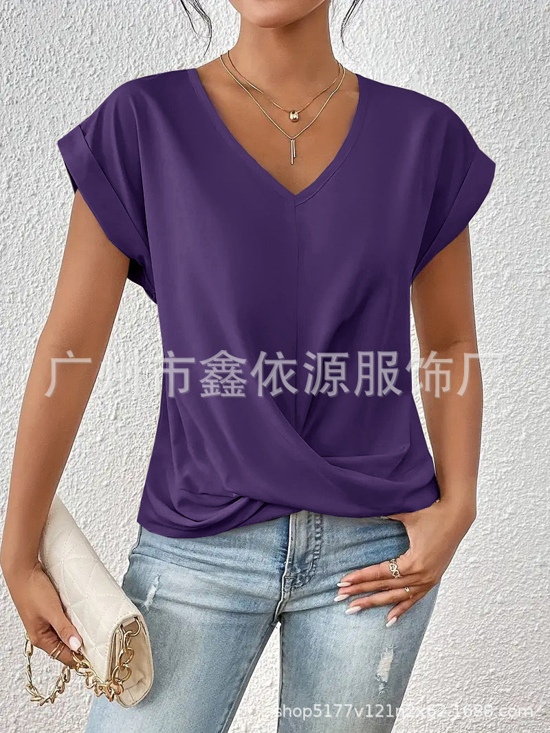 2024 Amazon cross-border hot-selling solid color V-neck T-shirt elegant short-sleeved top spring and summer women's clothing Amazon cross-border