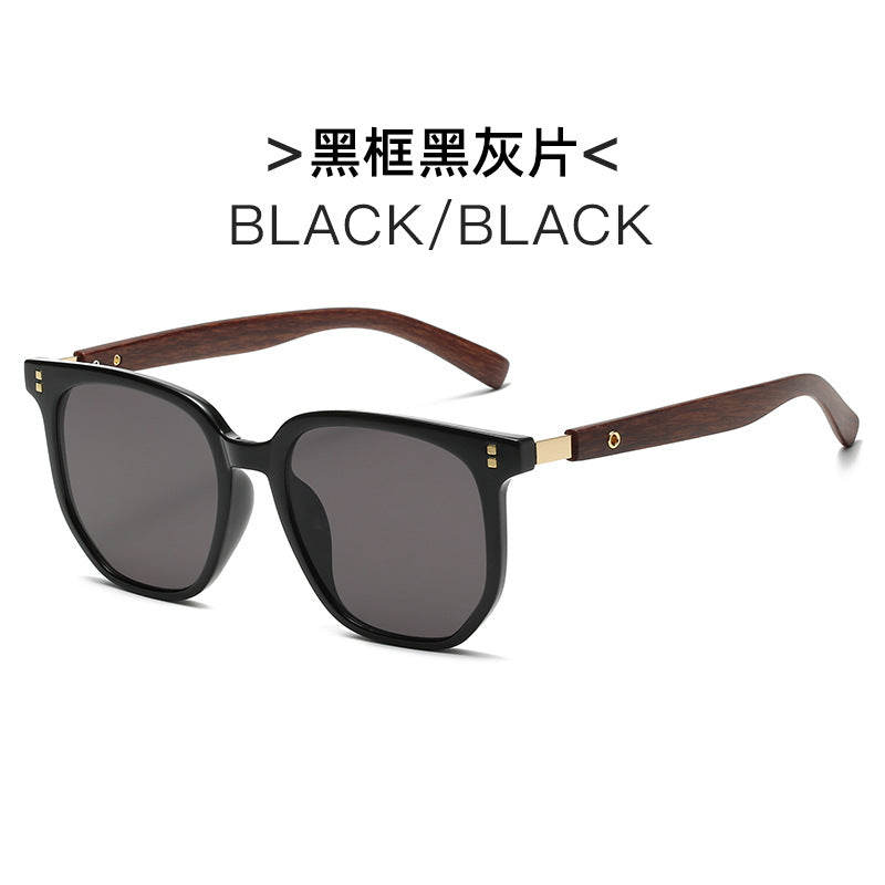 2023 New Korean Style Brown Sunglasses for Women Retro Wood Grain Legs Square Frame Round Face Glasses Fashion Sunglasses