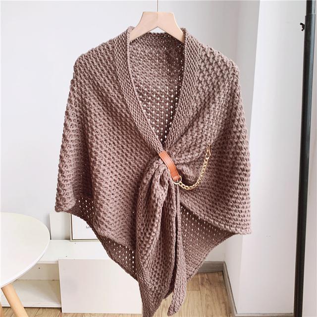 2021 autumn and winter all-match chain leather buckle knitted shawl hollowed out wool triangle scarf solid color shawl scarf dual-purpose