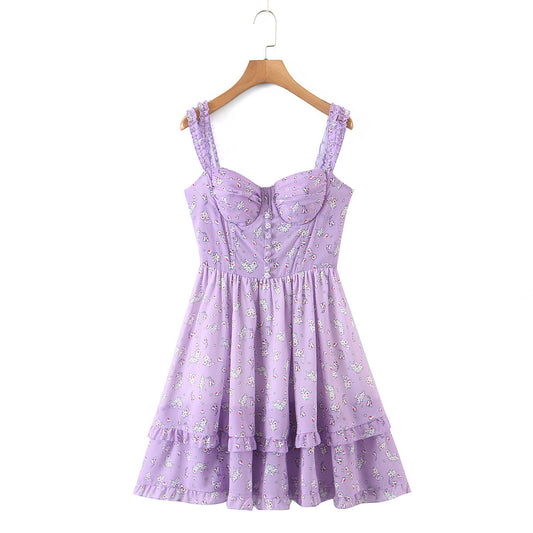 2022 European and American style spring women's new purple holiday print suspender dress 9187