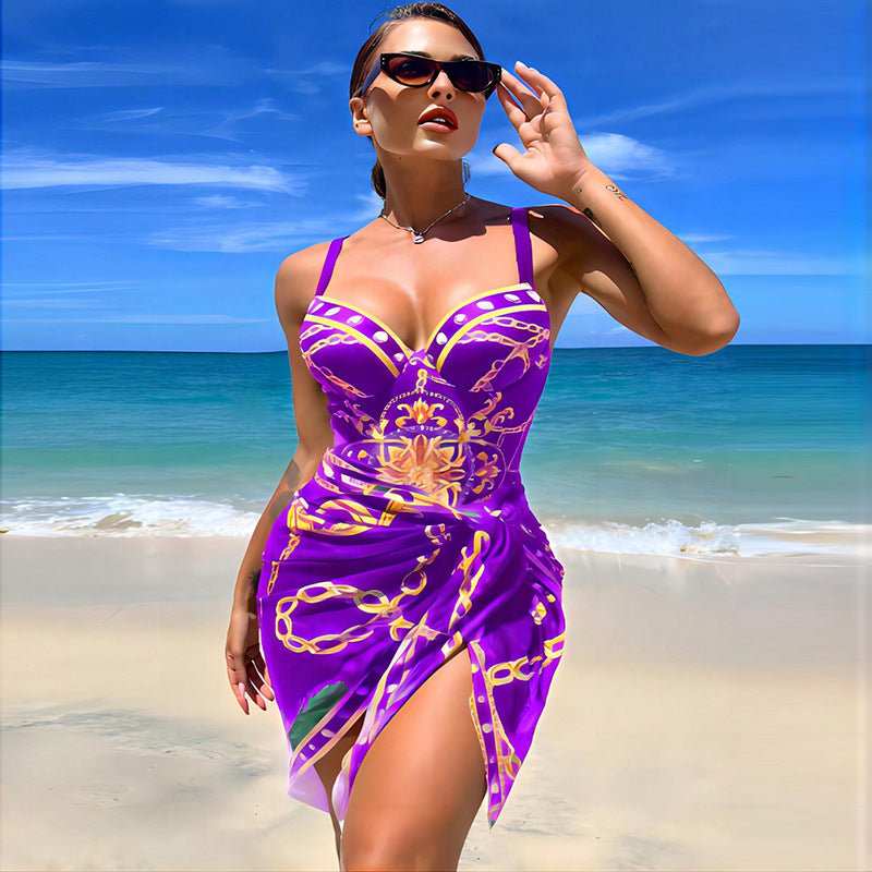 2023 European and American new one-piece swimsuit female sexy beautiful back printed bikini cover-up two-piece foreign trade bikini