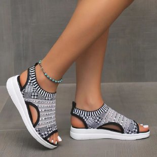 2024 summer new hole shoes Roman shoes foreign trade large size flying woven fish mouth hollow thick bottom wedge heel sports sandals for women