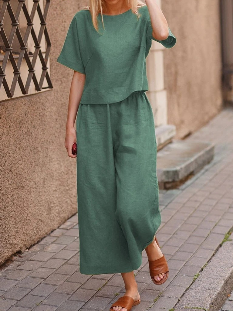 2023 Cross-border Amazon New Products Casual European and American Large Size Suit Loose Solid Color Shirt Trousers Two-piece Set