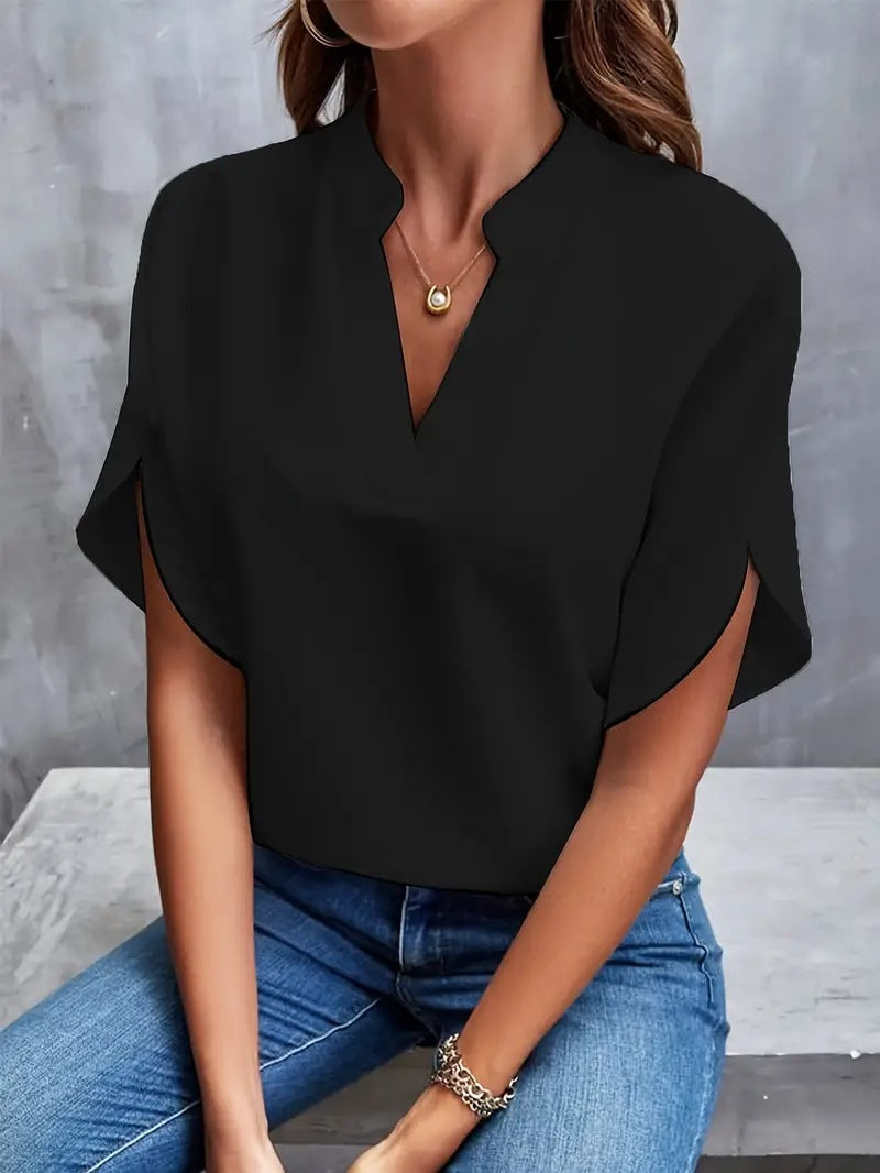 2024 Amazon cross-border European and American foreign trade women's clothing summer casual solid color V-neck loose shirt tops for women