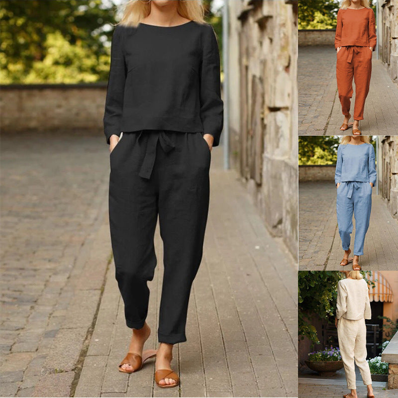 2022 cross-border Amazon AliExpress European and American new women's autumn solid color casual tops and pants suits