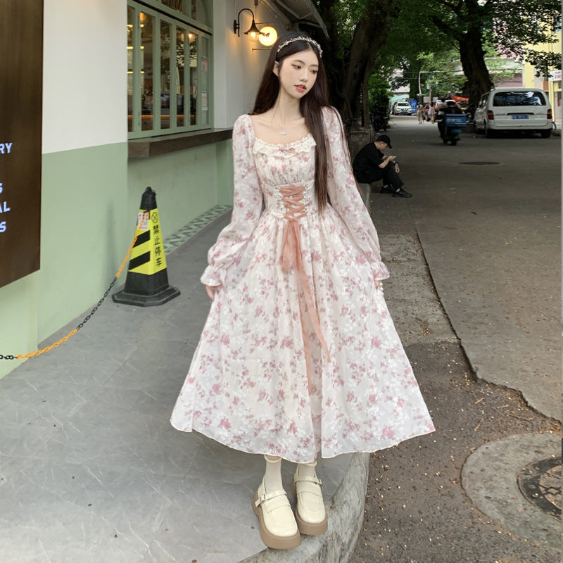 2024 plus size women's spring new French retro sweet floral dress high waist slim chiffon embroidered dress