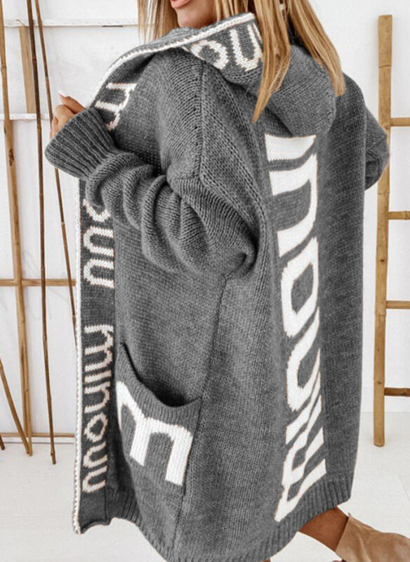 2022 autumn and winter new products mid-length cardigan foreign trade hooded letter knitted sweater women's European and American sweater knitted jacket