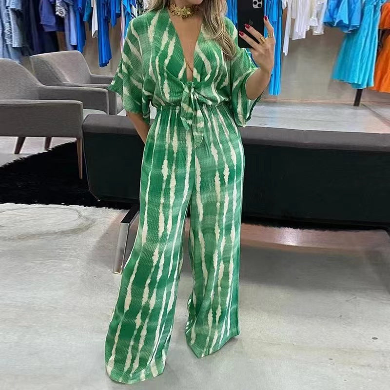 2023 European and American Fashion New Style Printed Belt V-neck Half Sleeve Jumpsuit