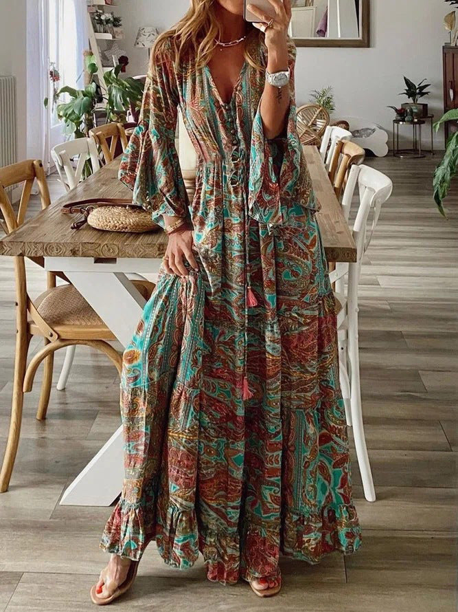 2023 European and American cross-border Bohemian style trumpet sleeve printed V-neck high waist holiday dress floral female long skirt