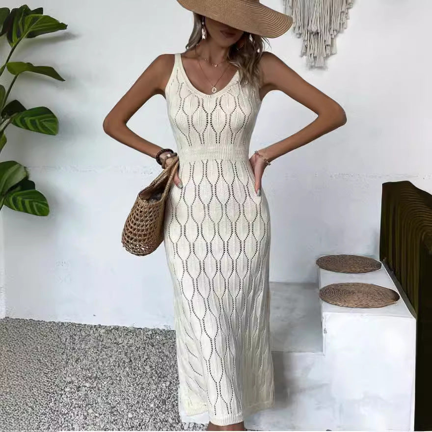 2024 spring and summer cross-border European and American new sexy hollow perspective holiday solid color backless knitted long skirt for women