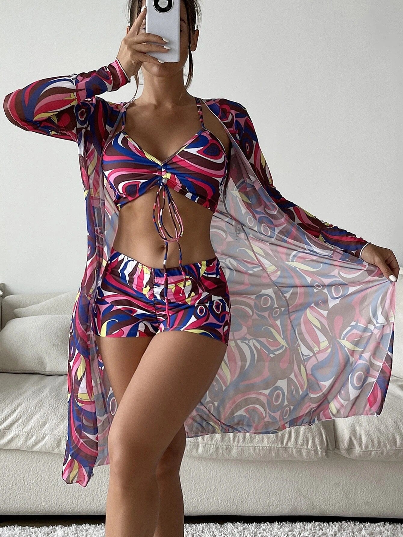 2023 New Foreign Trade Bikini Three-Piece Digital Printing Shawl Boxer Underwear Amazon Aliexpress Swimsuit for Women