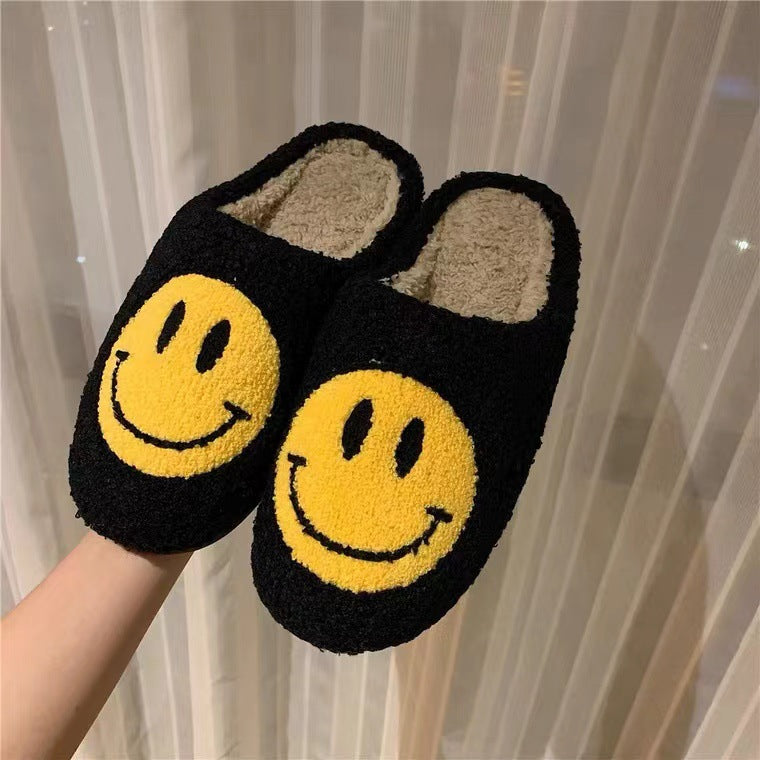 2021 New Cotton Slippers Women's Household Plush Warm Household Home Indoor Anti-slip Thick Bottom Smiley Face Hairy Autumn and Winter