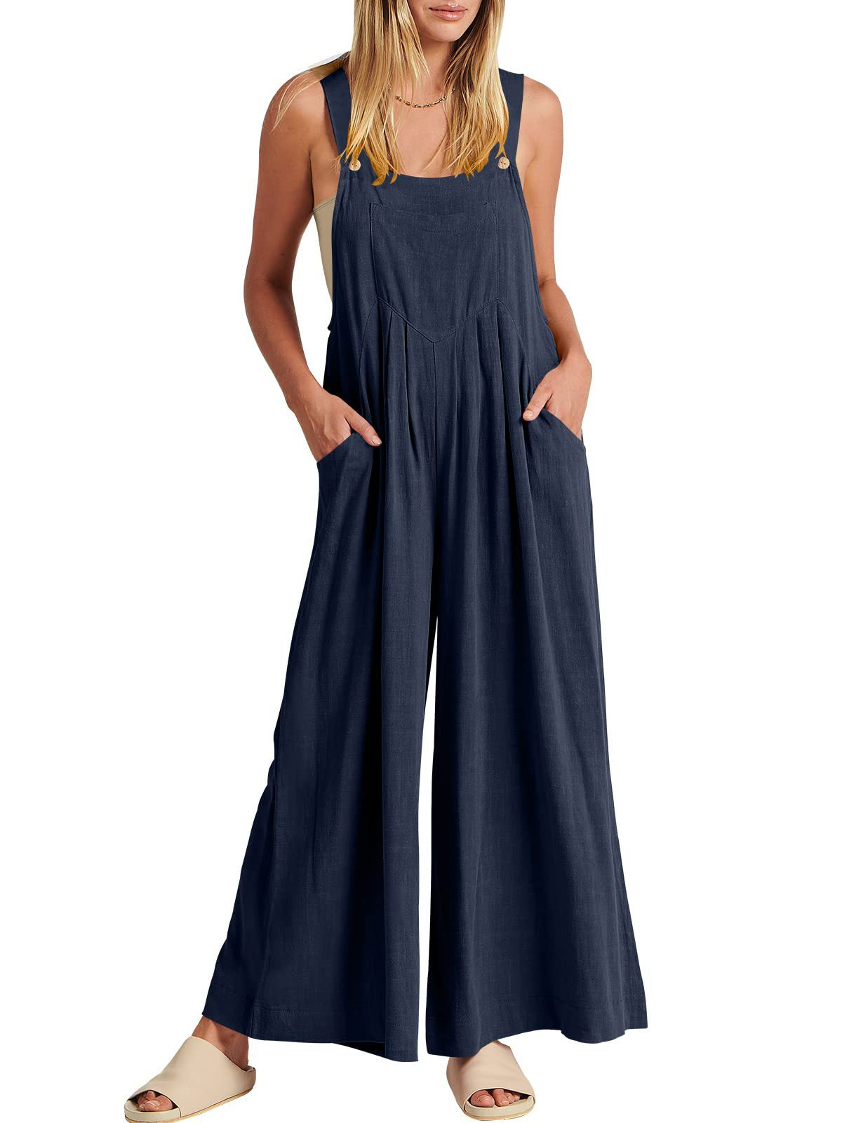 2023 Amazon hot style TEMU independent station European and American women's clothing solid color loose casual cotton and linen suspenders jumpsuit