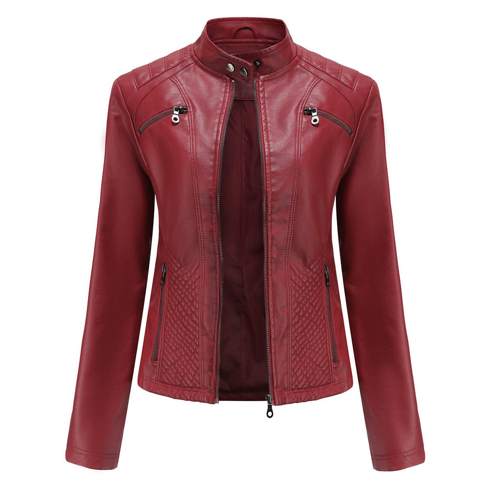 2023 new women's casual leather jacket stand collar jacket European and American slim coat women spring and autumn solid color women's leather jacket