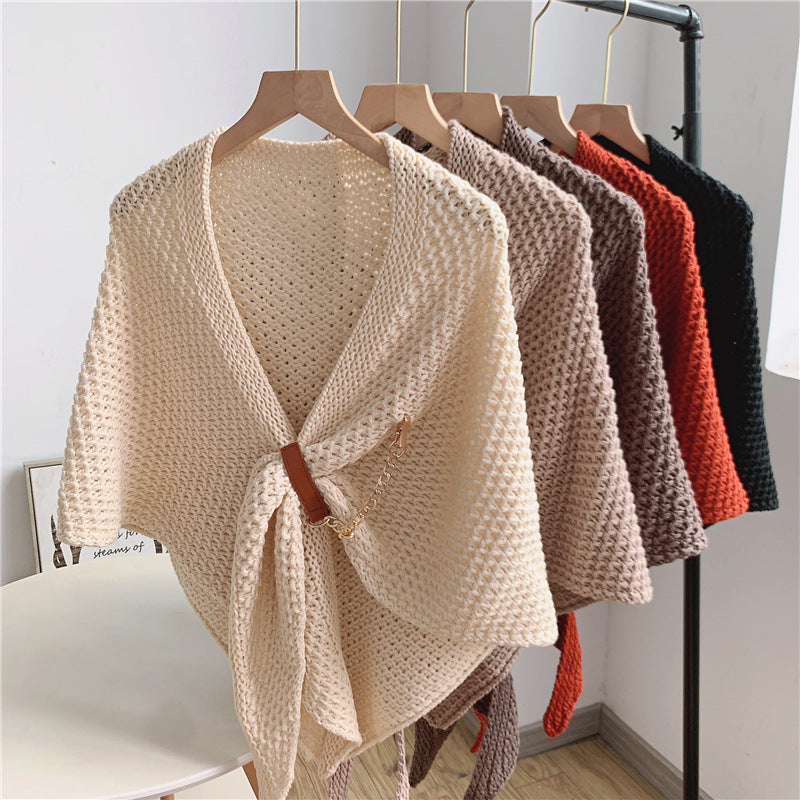 2021 autumn and winter all-match chain leather buckle knitted shawl hollowed out wool triangle scarf solid color shawl scarf dual-purpose