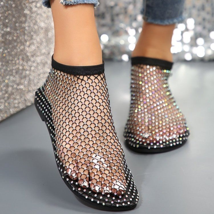 2024 spring and summer new foreign trade large size women's flat sandals broken diamond fashion European and American style fishnet solid color women's shoes