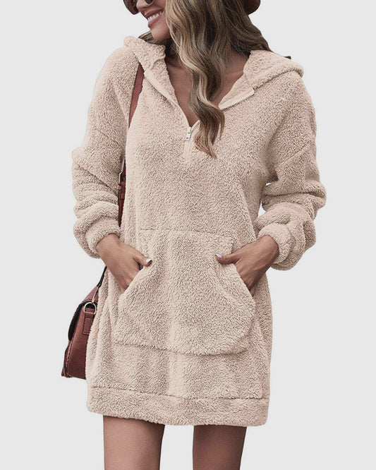 2022 new European and American cross-border autumn and winter women's clothing double-sided fleece hooded loose zipper plush pocket sweater jacket