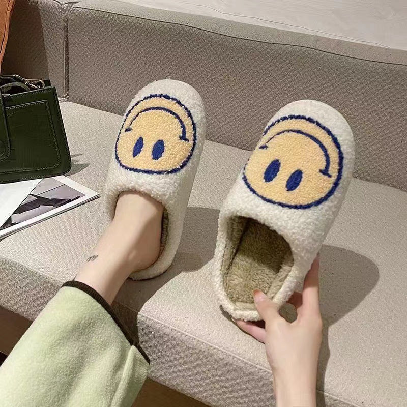 2021 New Cotton Slippers Women's Household Plush Warm Household Home Indoor Anti-slip Thick Bottom Smiley Face Hairy Autumn and Winter