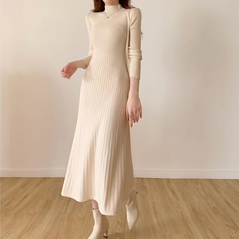 2023 new autumn and winter mid-length over-the-knee sweater skirt half turtleneck inner bottoming a-line knitted dress for women