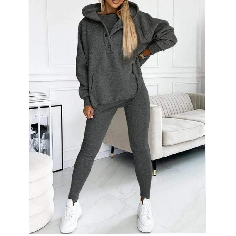 2024 Amazon cross-border women's sports casual hooded sweatshirt thickened threaded slim vest pants three-piece set