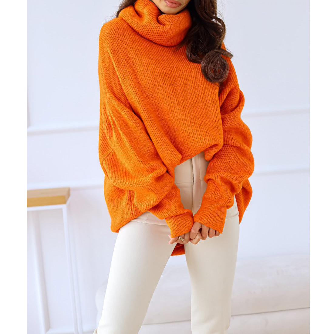 2023 European and American women's sweater Amazon solid color turtleneck sweater pile collar large size loose cross-border sweater women