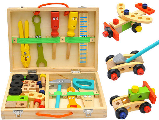 Wooden cartoon multifunctional tool box for children's educational DIY simulation disassembly and assembly of nuts intelligence combination