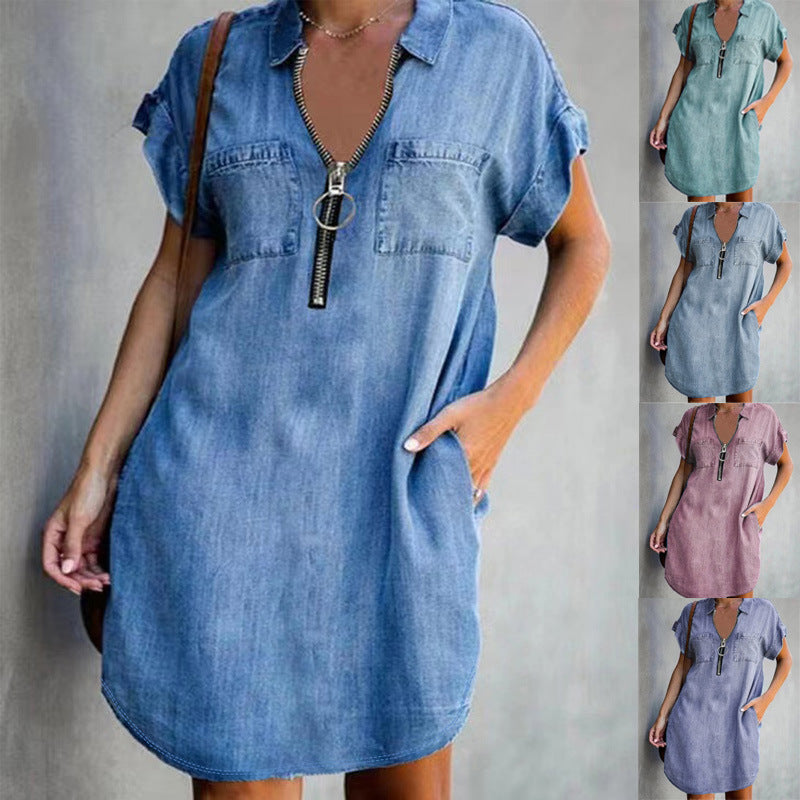 2023 independent station Amazon cross-border new products European and American lapel short-sleeved loose casual dress denim shirt skirt