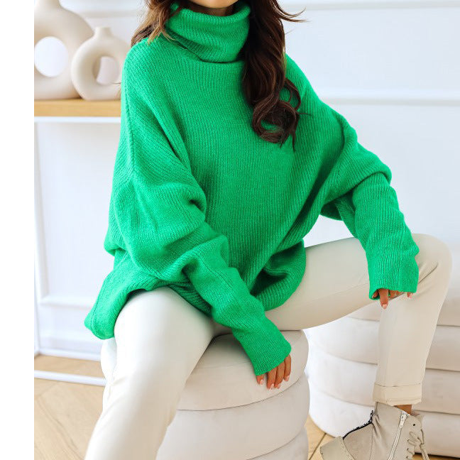 2023 European and American women's sweater Amazon solid color turtleneck sweater pile collar large size loose cross-border sweater women