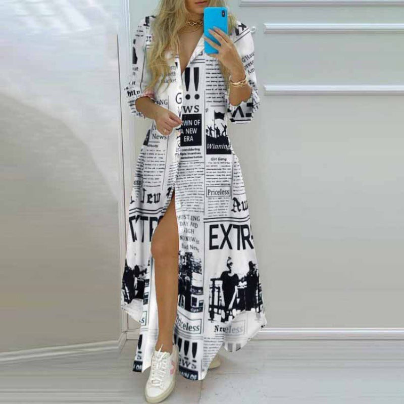 2022 spring Amazon foreign trade wish women's clothing temperament print single-breasted slit shirt dress long skirt