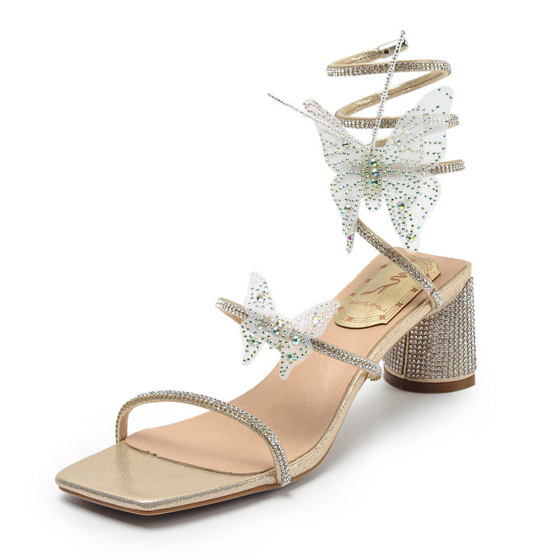 898-A5 sandals women 2021 new thick heel square head shiny winding fairy wind rhinestone butterfly Roman sandals