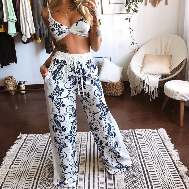 2024 summer new stock cross-border Amazon European and American women's clothing printed sexy tube top loose wide-leg pants two-piece set