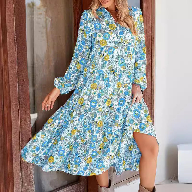 2024 Amazon New Casual Loose Bohemian Floral Dress Long Sleeve Puff Sleeve V Neck Ruffle