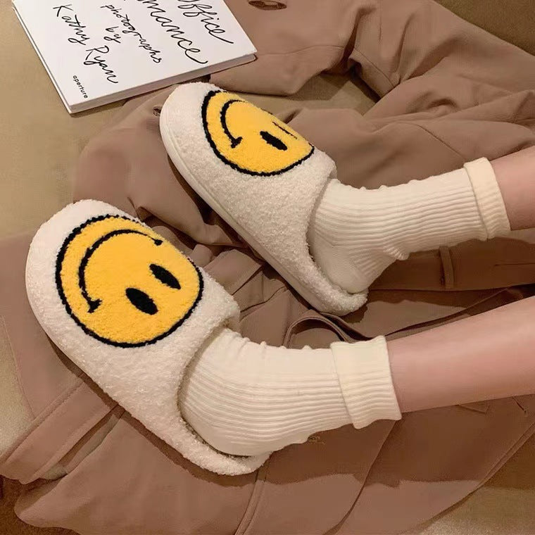 2021 New Cotton Slippers Women's Household Plush Warm Household Home Indoor Anti-slip Thick Bottom Smiley Face Hairy Autumn and Winter