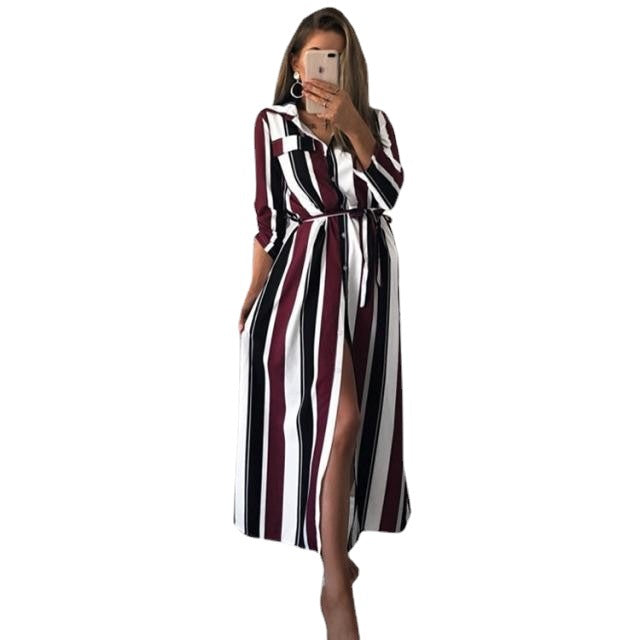 AliExpress autumn and winter new striped long-sleeved strappy dress