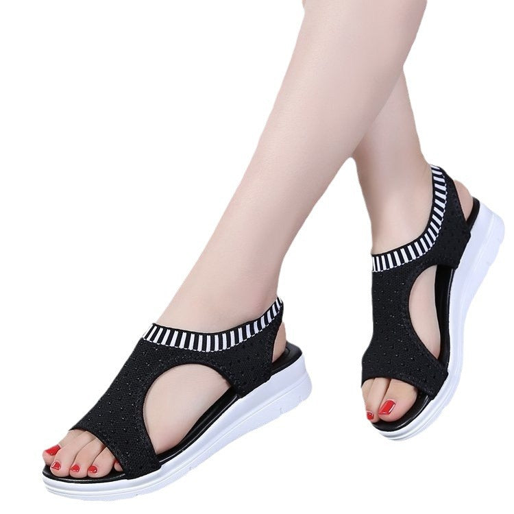 2024 summer new hole shoes Roman shoes foreign trade large size flying woven fish mouth hollow thick bottom wedge heel sports sandals for women