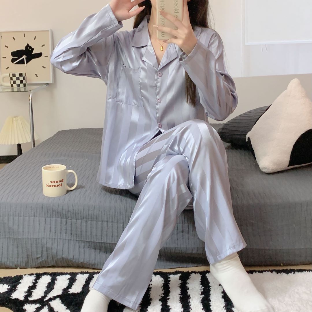 Women's spring and autumn pajamas imitation silk long-sleeved net red Korean style home service autumn ladies vertical stripes can be worn outside