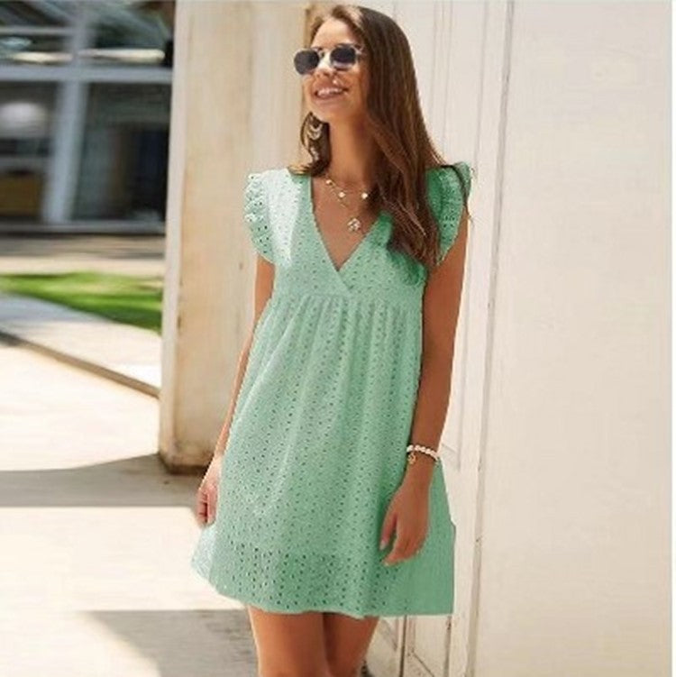 2022 Amazon Europe and America cross-border women's clothing temperament commuter V-neck short-sleeved lace women's dress