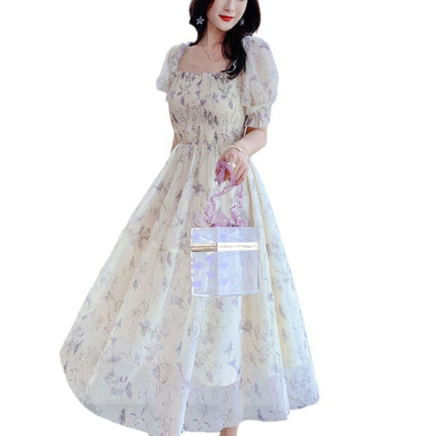 2024 Summer New French Ink Painting Puff Sleeve Waist Slimming Temperament Lady Floral Chiffon Dress