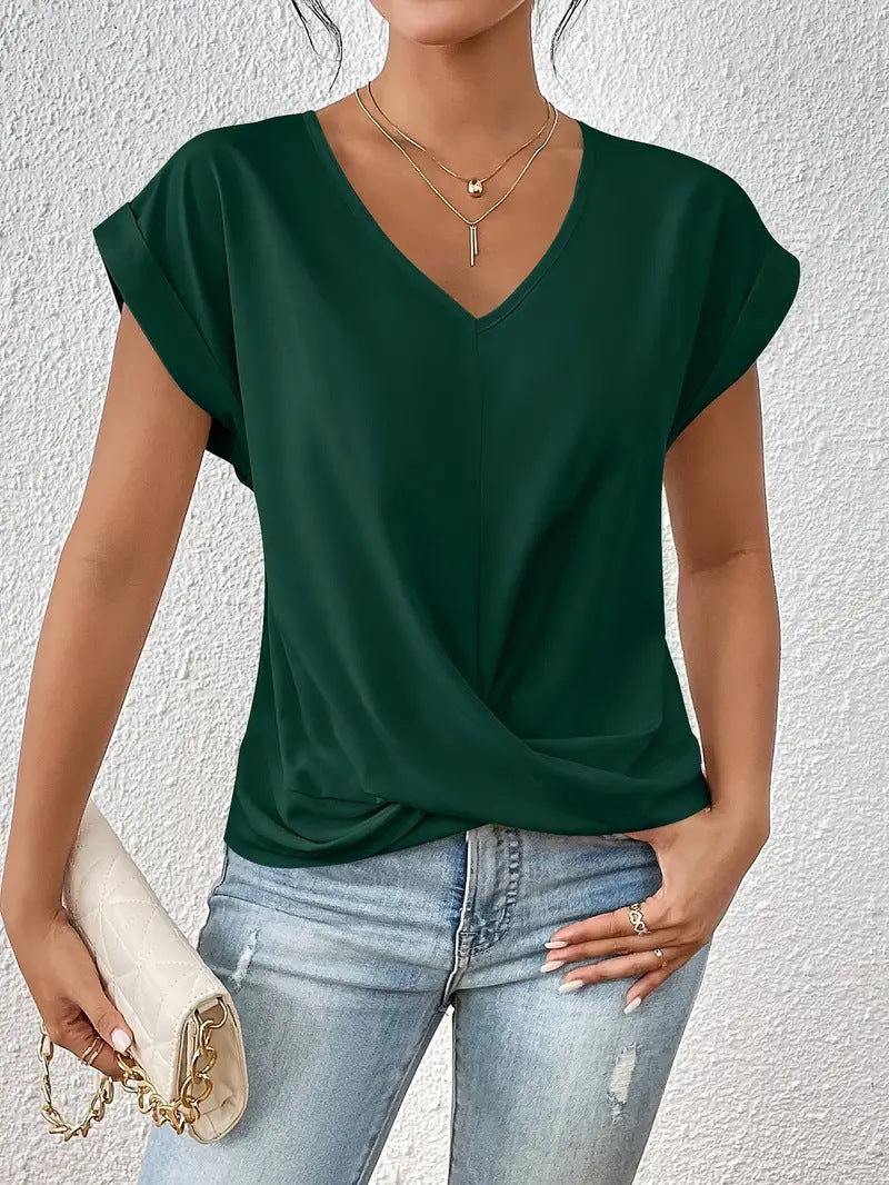 2024 Amazon cross-border hot-selling solid color V-neck T-shirt elegant short-sleeved top spring and summer women's clothing Amazon cross-border