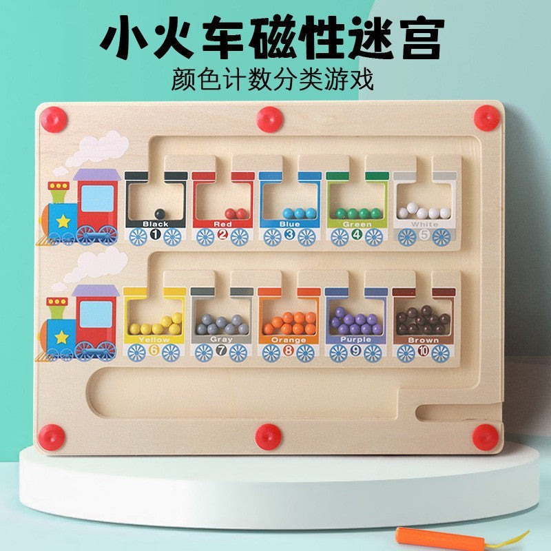 Wooden children's magnetic pen cognitive early education maze digital color classification counting board ball educational toys