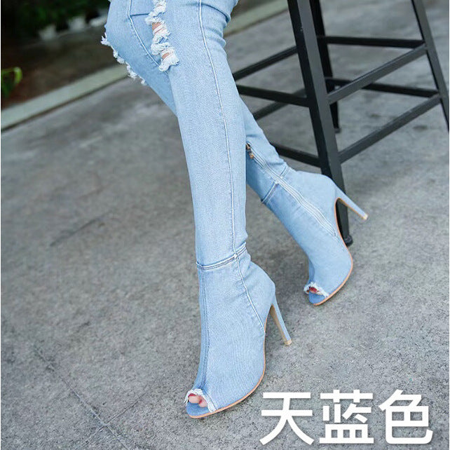 2021 denim high-heeled over-the-knee fish mouth boots Europe and the United States plus size women's shoes spot