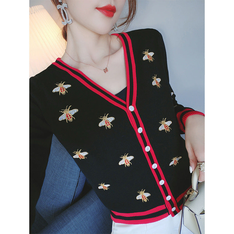 2022 autumn women's clothing new knitted sweater heavy industry embroidery V-neck sweater cardigan jacket temperament outerwear top